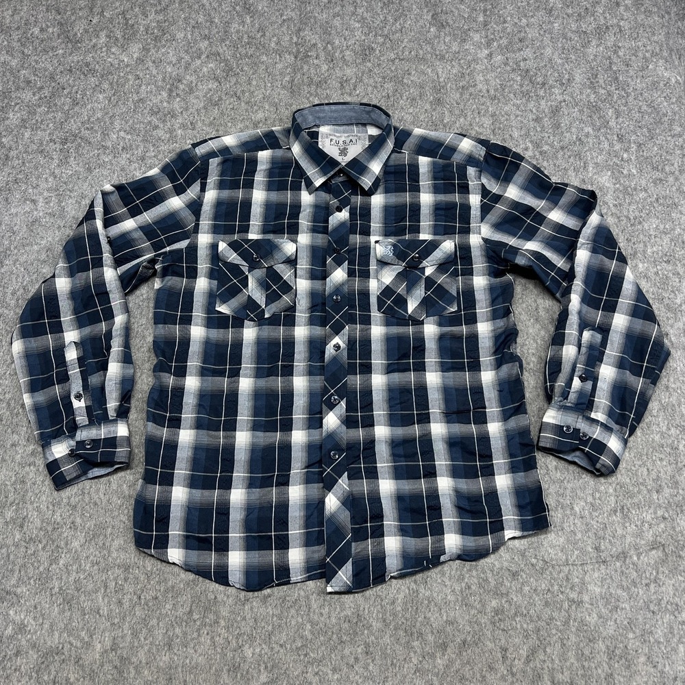 F.U.S.A.I Shirt Mens Large Blue Plaid Woven Long Sleeve Button Front Casual Wear